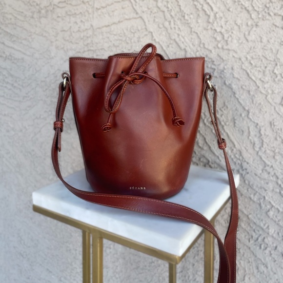 SEZANE Classic Heritage Brown Leather Mini Farrow Bucket Bag